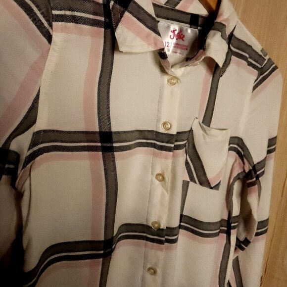 Justice Girls Ivory Pink Plaid Soft Button Down Shirt 12 - Picture 3 of 6